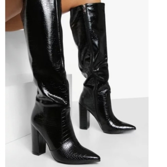NEW! Pointed Toe Croc Knee High Boot - black - Picture 1 of 1